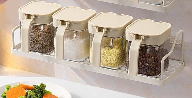 調味料ラック 透明ガラス調味料入れ四個組専用棚付き収納セット