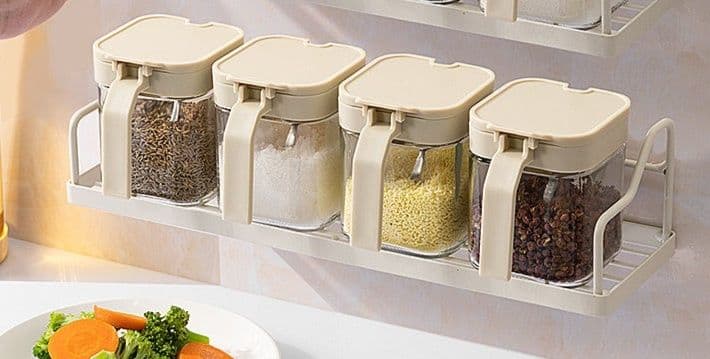 調味料ラック 透明ガラス調味料入れ四個組専用棚付き収納セット