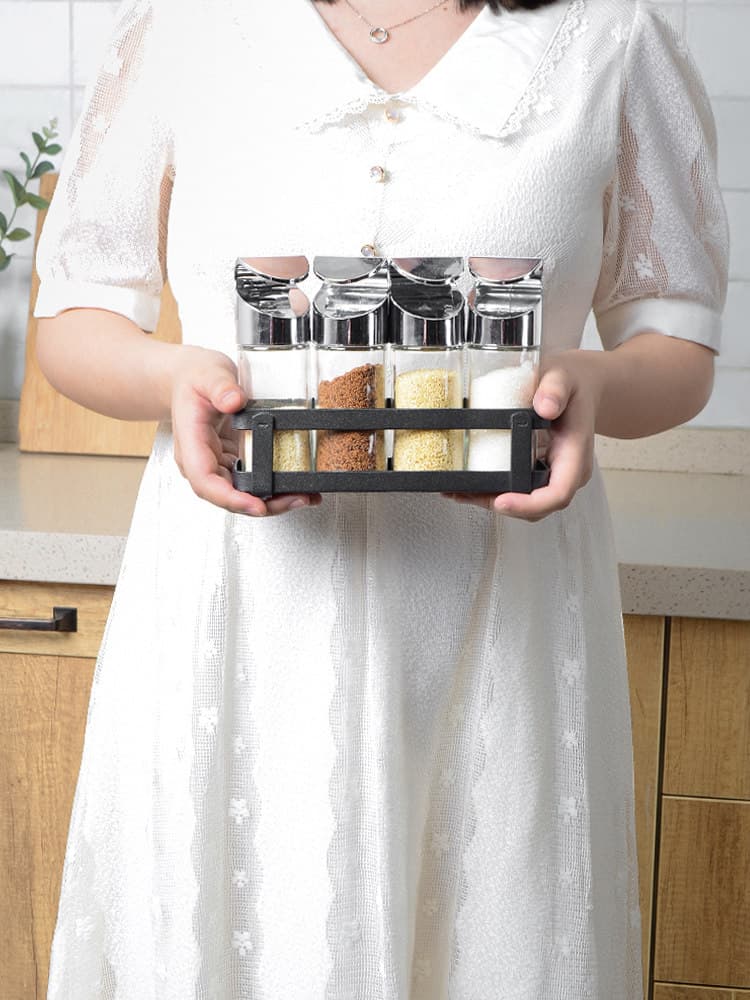 調味料ラック 透明ガラス容器付き四本組調味料ラック